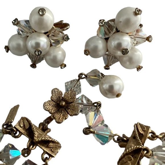 Vintage Vendome 3 Strand Faux Pearl AB Crystal Gold Filigree Necklace Earrings - Picture 4 of 15